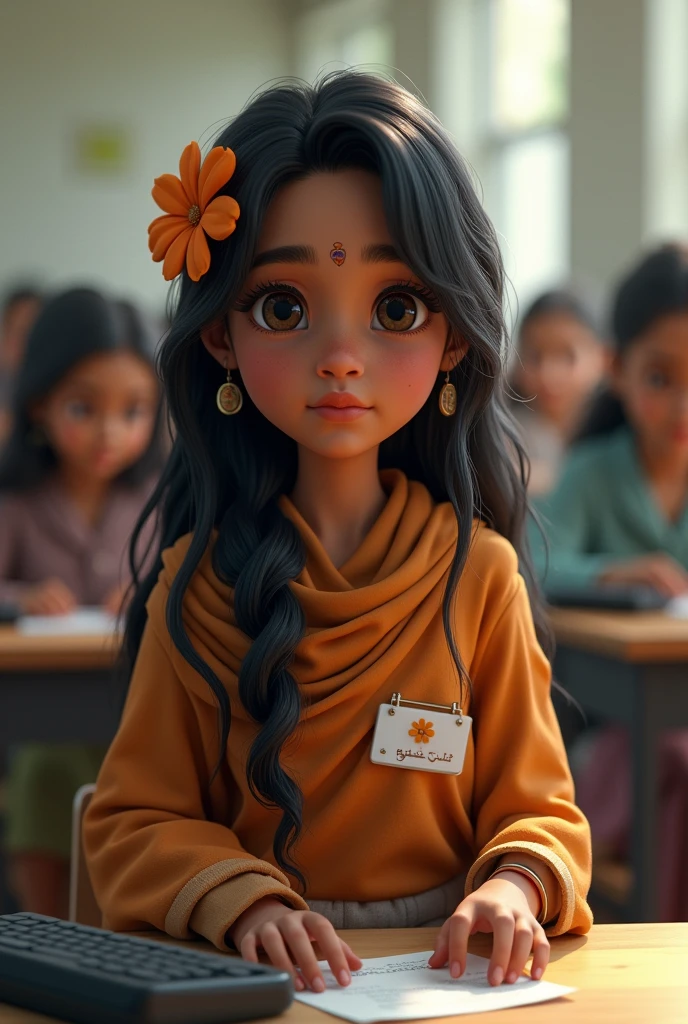 A indian short girl in type writing class with knit very long hair with flower
.wear top with shale .medium eyes,skin tone dusky,belly fat chubby,that girl is girija on badge