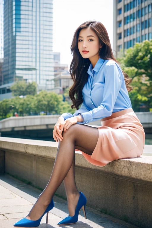 (Colorful collared shirts)、(Midi Skirt:1.2) 、Full Body Portrait、(silk pantyhose)、Sitting、Both legs and high heels look beautiful.、1 girl、Perfect body,Two well-balanced legs、 Perfect hands, (Perfect Face, Perfect Eyes), Accurate,(Perfect Anatomy, Anatomically correct), Perfectly clear and sharp focus、Large Breasts、Modern architecture in the background、((Highest quality、Ultra-high resolution、masterpiece)) 
