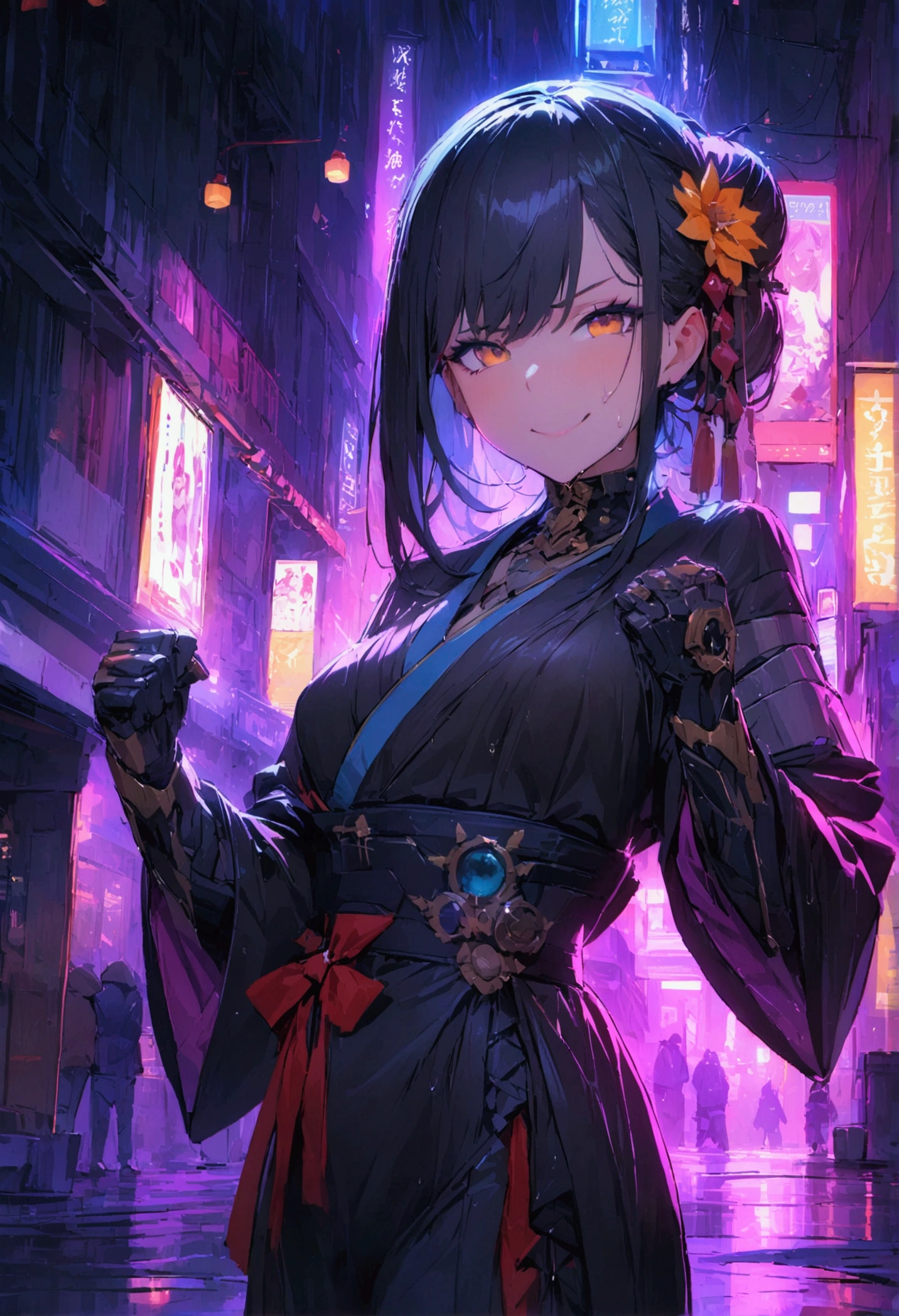 (best quality), (ultrafein), (masterpiece), Illustration, a girl,Kimono-Costume,cyberpunk, (cyberpunk,Kimono-Costume,Cybernetic implants),Hair Accessories, bright colours,(open small breasts, smiling and winking, pressing her fist together towards the viewer), dynamic lighting,neon lights,shining city skyline,holographic projection,Fashionable clothing of the future,a mix of traditional and modern elements,Avantgardistisches Make-up,exquisite hairstyle,Self-confidence and determination,Urban environment,Heavy rain,Reflection on wet road,Metall Textur,Mechanical Armor, gorgeous accessories,High-Tech-Gadgets,Impressive cybernetic improvements,Clear focus,Grumpy Details, Overclocked rendering, Cinematic edge light, fine light, masterpiece, super Details, epic work, Ultra-High-Definition, good quality, 32K