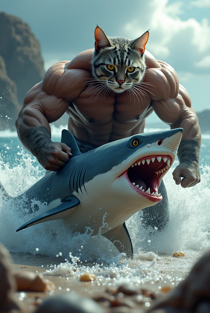 A bodybuilding Father cat is fighting with shark to save his kitten