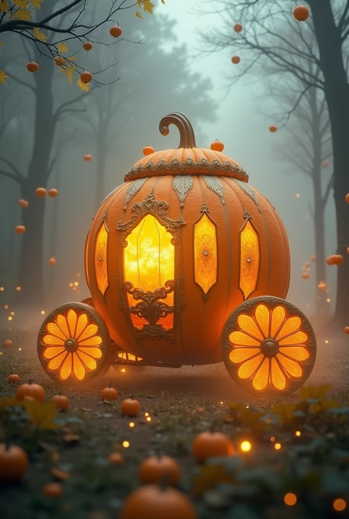 The golden detailed pumpkin carriage glows in the dreamy fog