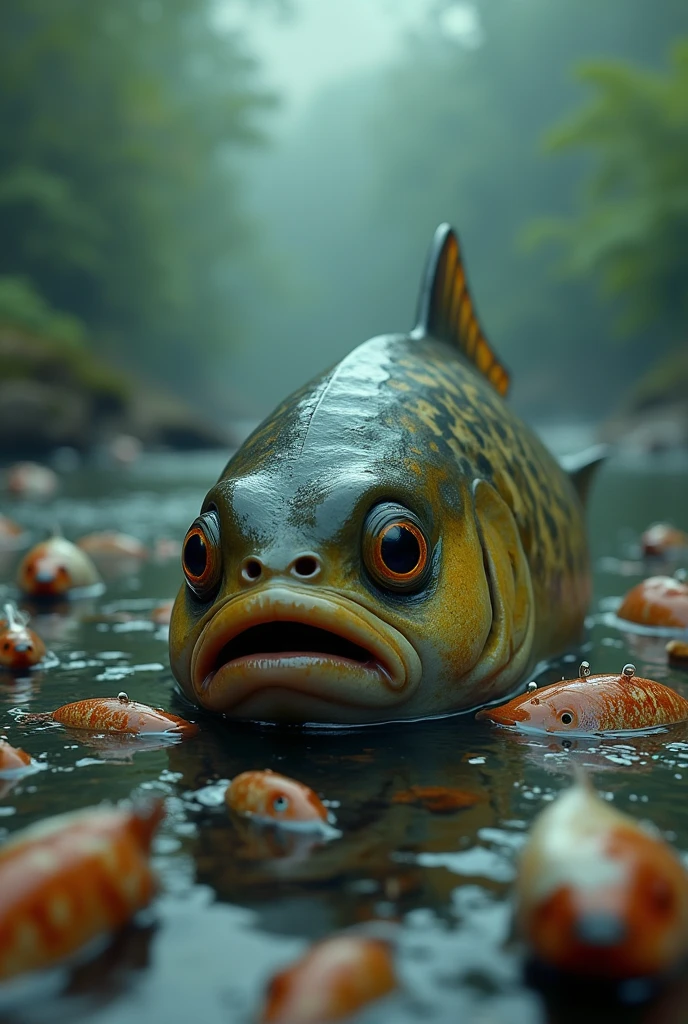 (photosurealism), crying fish, under the dirty and polluted river, with a plenty died fish,