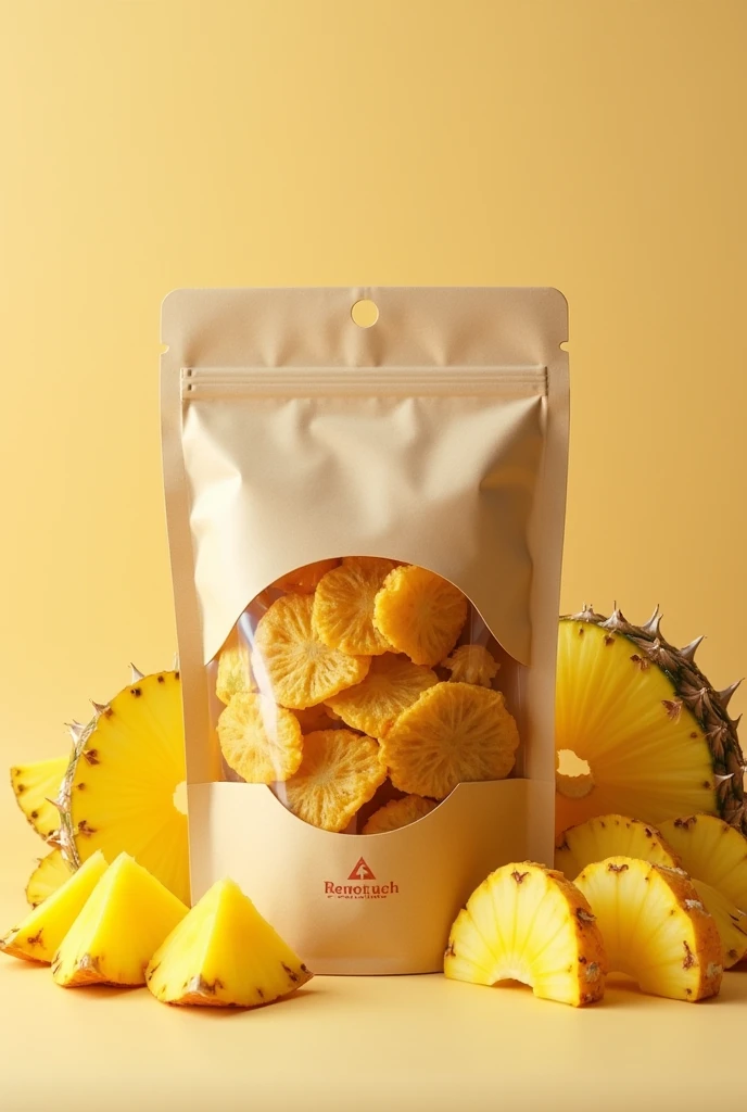 create a dried pineapple in package with a lot of slice pineapple out side