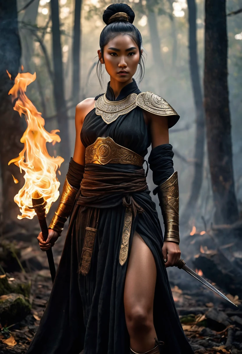 A young woman, brown skin, asian, fierce and enigmatic, she stands as a warrior born from ancient myths. Her jet-black hair, tied into a high bun, seems to absorb the light around her, giving off a subtle, inky aura. (((A figure of resolute strength, 1.65 meters tall,))) (((her intense gaze))) holds the wisdom of countless battles, dark as the night sky, with flecks of ember-like gold that spark with determination. Her skin, bronzed by the sun, carries a slight, almost imperceptible glow, as if she is touched by the very fire she commands. Clad in a battle-worn tunic, dark and shadowy like the depths of a forgotten forest, the fabric is interwoven with protective charms, ancient symbols barely visible, shifting like smoke across her form. Her stance is unyielding, each movement precise and powerful, as if the very air bends to her will. The ground beneath her feet seems to respond to her presence, a faint tremor echoing her fiery spirit. She embodies the spirit of a warrior goddess, both mortal and something more, a being shaped by fire and forged in the crucible of war, destined to blaze a trail through the darkness of her world.