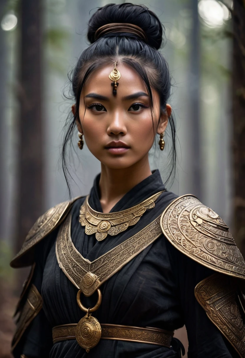 A young woman, brown skin, asian, fierce and enigmatic, she stands as a warrior born from ancient myths. Her jet-black hair, tied into a high bun, seems to absorb the light around her, giving off a subtle, inky aura. (((A figure of resolute strength, 1.65 meters tall,))) (((her intense gaze))) holds the wisdom of countless battles, dark as the night sky, with flecks of ember-like gold that spark with determination. Her skin, bronzed by the sun, carries a slight, almost imperceptible glow, as if she is touched by the very fire she commands. Clad in a battle-worn tunic, dark and shadowy like the depths of a forgotten forest, the fabric is interwoven with protective charms, ancient symbols barely visible, shifting like smoke across her form. Her stance is unyielding, each movement precise and powerful, as if the very air bends to her will. The ground beneath her feet seems to respond to her presence, a faint tremor echoing her fiery spirit. She embodies the spirit of a warrior goddess, both mortal and something more, a being shaped by fire and forged in the crucible of war, destined to blaze a trail through the darkness of her world.