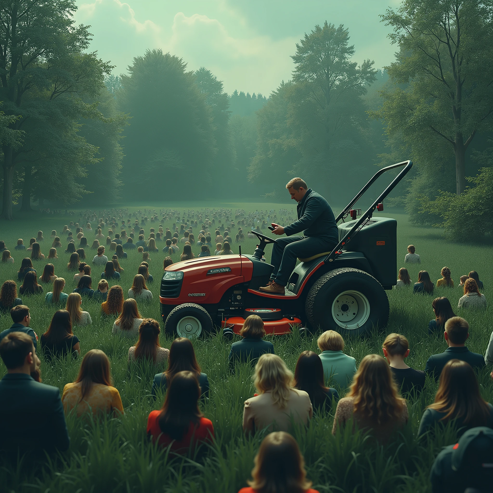 a crowd buried with their heads bowed looking at their cell phones; the top of the head comes out of the ground and is mowed down by a giant lawnmower.