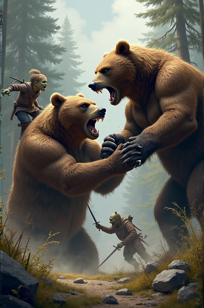 There are two grizzly bears fighting by biting and swinging claws. While they are distracted and locked in combat, a goblin rogue holding two swords in his hand runs behind and jumps on the back of one of the bears and attempts to stab it