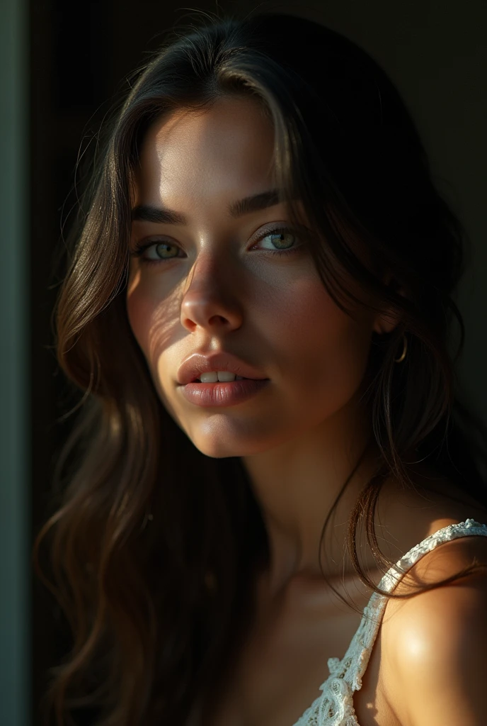 A stunningly beautiful woman with long hair is illuminated by soft, shadowy light in a close-up shot. Her features are delicate and elegant, exuding an air of mystery and allure. The image, most likely a photograph, captures her ethereal presence perfectly, with every strand of hair and curve of her face sharply defined. The soft lighting enhances her natural beauty, creating a mesmerizing and captivating portrait. Overall, this high-quality image showcases the woman's timeless and enchanting charm in a subdued yet powerful way. High resolution, intricately detailed, 8k, UHD, HDR, film grain lighting. Art by Playposer.