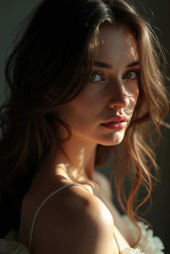 A stunningly beautiful woman with long hair is illuminated by soft, shadowy light in a close-up shot. Her features are delicate and elegant, exuding an air of mystery and allure. The image, most likely a photograph, captures her ethereal presence perfectly, with every strand of hair and curve of her face sharply defined. The soft lighting enhances her natural beauty, creating a mesmerizing and captivating portrait. Overall, this high-quality image showcases the woman's timeless and enchanting charm in a subdued yet powerful way. High resolution, intricately detailed, 8k, UHD, HDR, film grain lighting. Art by Playposer.