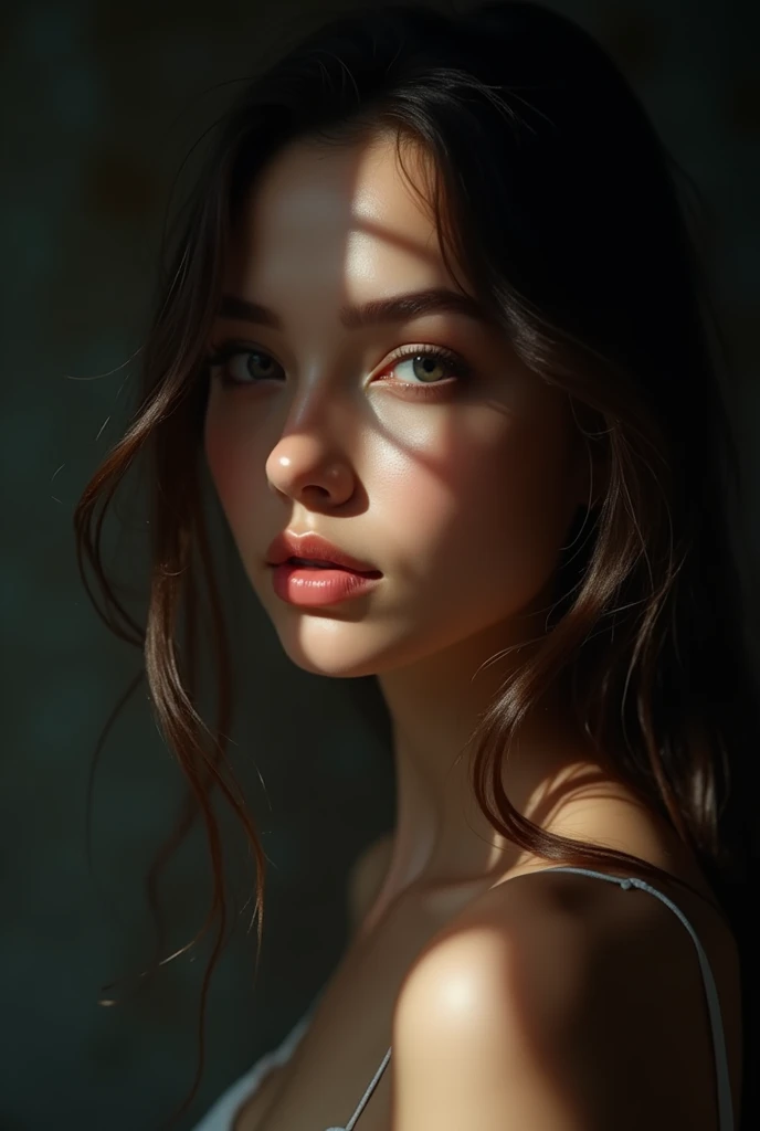A stunningly beautiful woman with long hair is illuminated by soft, shadowy light in a close-up shot. Her features are delicate and elegant, exuding an air of mystery and allure. The image, most likely a photograph, captures her ethereal presence perfectly, with every strand of hair and curve of her face sharply defined. The soft lighting enhances her natural beauty, creating a mesmerizing and captivating portrait. Overall, this high-quality image showcases the woman's timeless and enchanting charm in a subdued yet powerful way. High resolution, intricately detailed, 8k, UHD, HDR, film grain lighting. Art by Playposer.