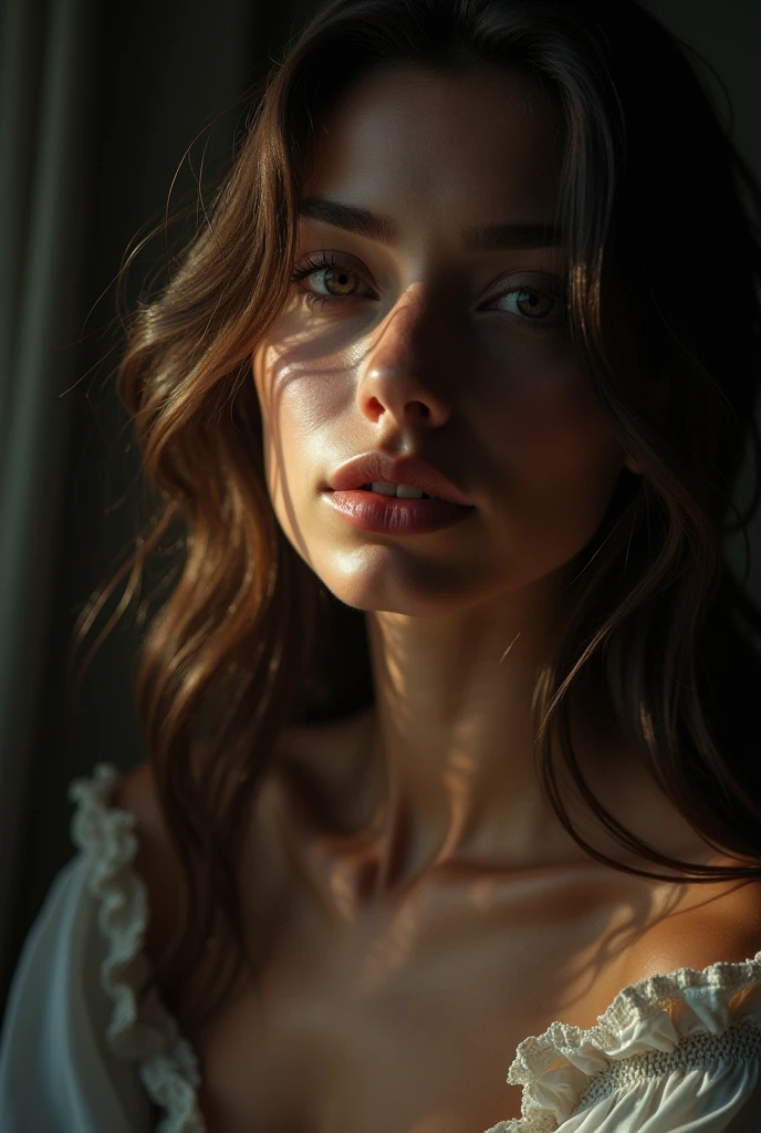 A stunningly beautiful woman with long hair is illuminated by soft, shadowy light in a close-up shot. Her features are delicate and elegant, exuding an air of mystery and allure. The image, most likely a photograph, captures her ethereal presence perfectly, with every strand of hair and curve of her face sharply defined. The soft lighting enhances her natural beauty, creating a mesmerizing and captivating portrait. Overall, this high-quality image showcases the woman's timeless and enchanting charm in a subdued yet powerful way. High resolution, intricately detailed, 8k, UHD, HDR, film grain lighting. Art by Playposer.