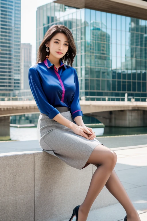 (Colorful collared shirts)、(Midi Skirt:1.2) 、Full Body Portrait、(silk pantyhose)、Sitting、Both legs and high heels look beautiful.、1 girl、Perfect body,Two well-balanced legs、 Perfect hands, (Perfect Face, Perfect Eyes), Accurate,(Perfect Anatomy, Anatomically correct), Perfectly clear and sharp focus、Large Breasts、Modern architecture in the background、((Highest quality、Ultra-high resolution、masterpiece))