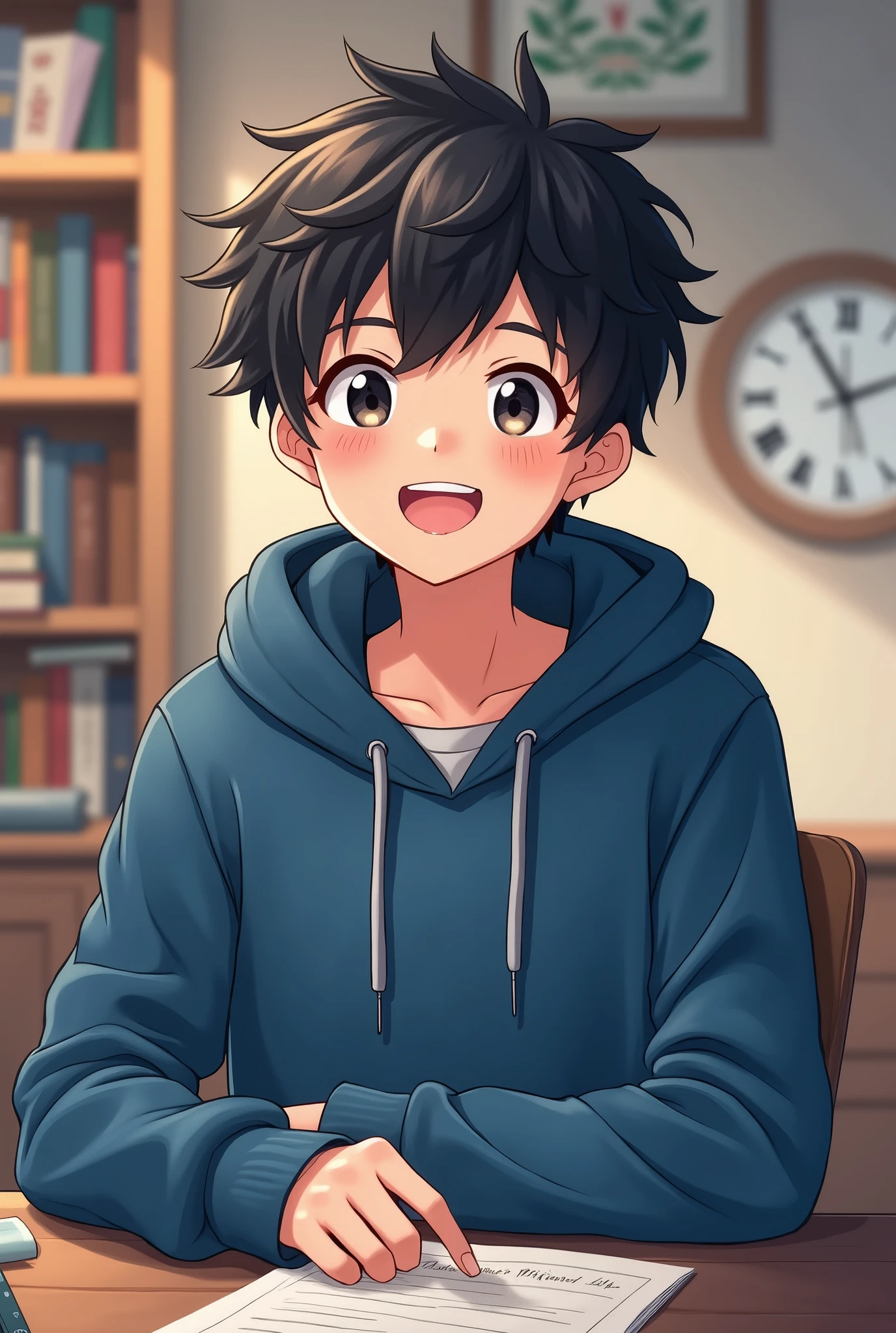 A 1 Handsome anime boy black hairs flufy and black eyes ,A hoddie blue colour laughing and background with study set up