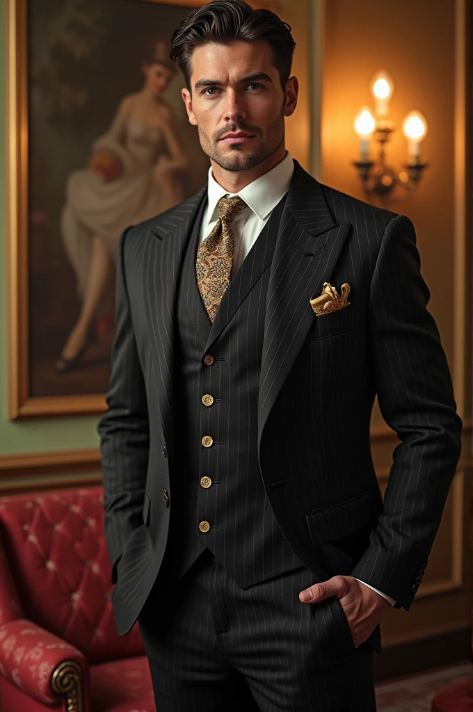 Create a gentlemen and he is  millinore he is handsome and his clothes is 200 million dollars sut in realistic 
