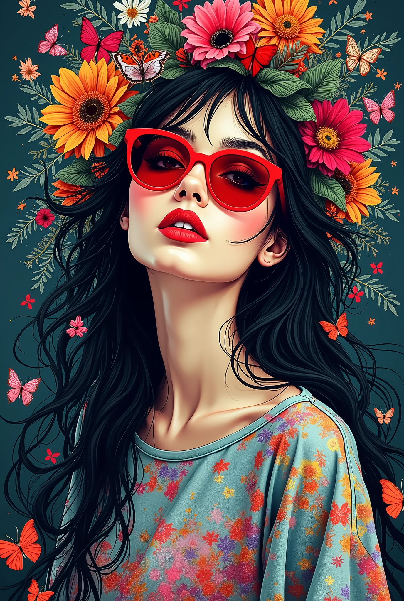 A digital art piece of a woman with a serene expression and mesmerizing gaze. She has bold, vibrant red lips and thick lashes. Her messy hair is adorned with whimsical, colorful, intricately patterned flowers, and butterflies and birds perch among her locks, adding a touch of nature and color. The mysterious figure wears an eye-catching abstract top and oversized, vibrant red sunglasses, exuding casual elegance. Her hair cascades down in electrifying colors, casting a dark silhouette against the fantastical urban landscape filled with whimsical elements. The artistic work masterfully blends the iconic vibrant style of Andy Warhol, watercolor and ink illustration by Ashley Wood, Charles Demuth, and Jeremiah Ketner. The intricate details.