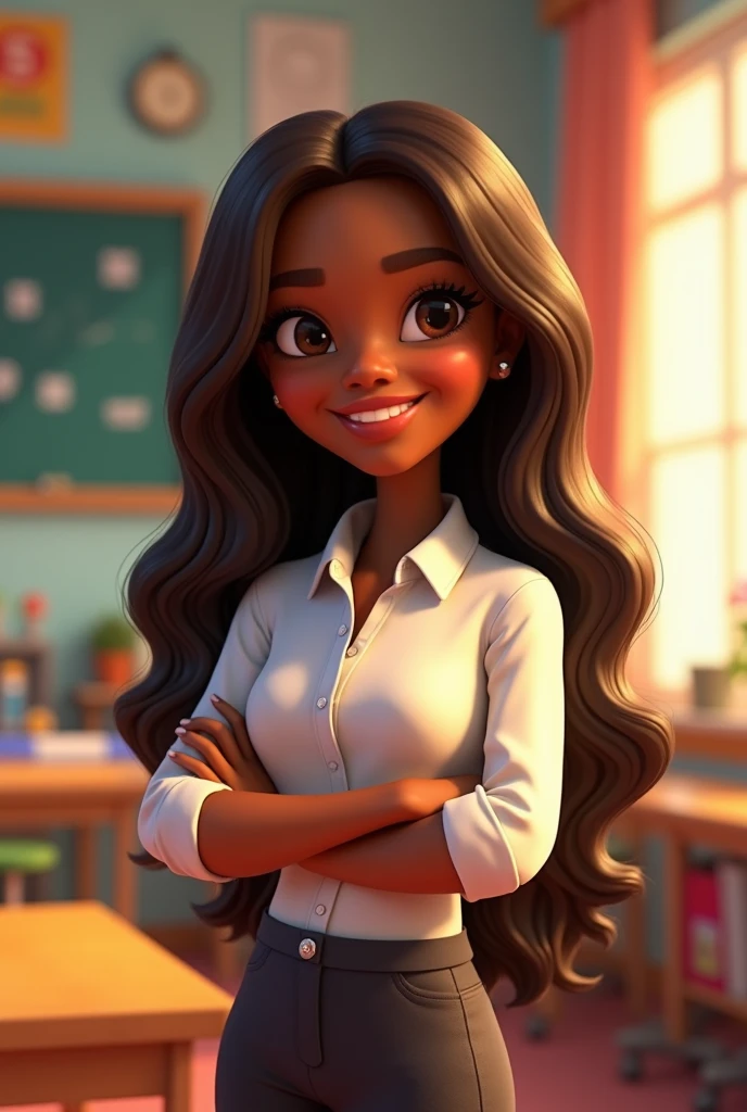Pixar black teacher, long brown hair, 