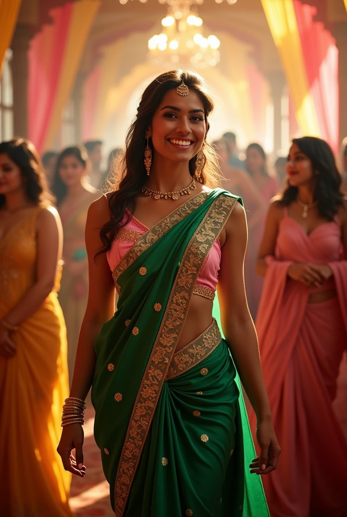 An ultra lavish Punjabi wedding scene, A ultra sexy Indian punjabi supermodel wife with a huge round shining hanging and long cleavage line visible in a sexy folded green saree & pink single stripe bra, Very pale skin:1.5, bright ambient light, Exposing her beautiful belly button, with a proud smile, surrounded by young beautiful girls