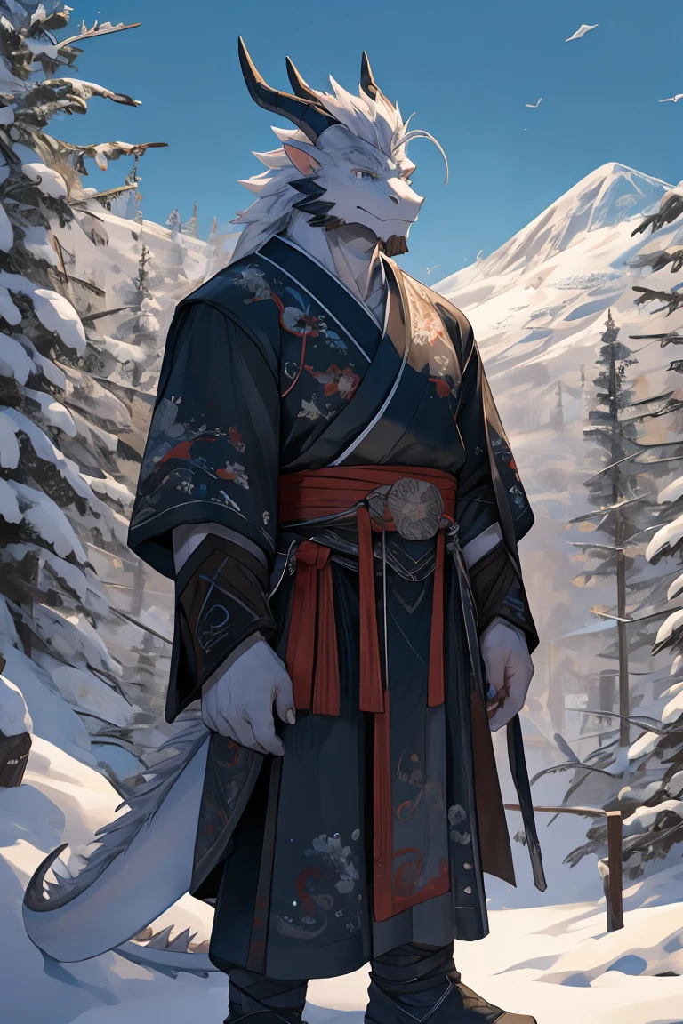 best quality，Ultra HD，Second Dimension，Alone，视角Close to the characters［Close to the characters：1.3］，Upper Body，The most exquisite eyes［The most exquisite eyes：2.1］，Standing in the snowy mountains，no buildings，male，White Dragon，Tall body，old，White Hair，The tail is white.，There are some black scales on the body，There are two brown horns on the head，Gray Eyes，White heavy ancient style Hanfu，Black military gloves，wearing black combat boots