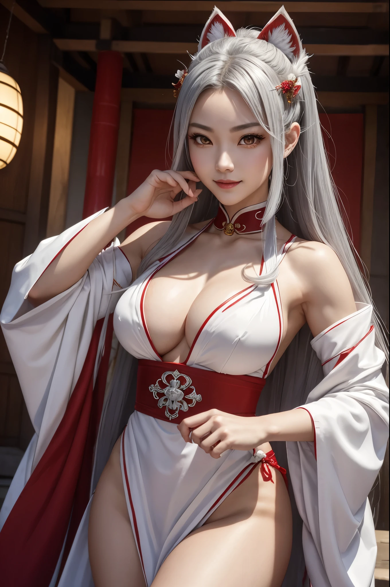 8k,超Muscular Beauty,A very aggressive adult Inugami goddess、A fearless female dog god、White dog ears,Beautiful and long gray hair、incarnation of dog god、Brave、Beautiful smile、日本のRed and white shrine maiden costume,輝くGolden Eyes、Detailed light、Dynamic action poses、Personified Queen Inugami、Beautiful and long gray hair、Super Beauty、Rich background、Golden Eyes、Big smile,Golden Eyes,Beautiful expression,Sharp and long claws、White tail、Sexy、Red sacred magatama collar、(golden precision decoration)Attractive body、Slim female muscular body、Captivate your audience、big fangs coming out of the mouth、Vermilion painted shrine,Red and white shrine maiden costume,Wide open chest,Beautiful white skin,Japanese Shrines,Japanese Shrine Maiden,White dog ears,Highest quality photorealistic RAW photos。Backlight、Cinema Lighting、Film Grain、50mm lens、Nikon D850、Ultra-Realistic Skin、Fantasy art、Character Art、Ultra-high resolution、muscular and slim body、Ultra-Realistic Skin,Perfect hands(Anatomical modeling),Makeup,Very large breasts,Muscular Beauty,Hard and strong abs,Martial Arts Posture,