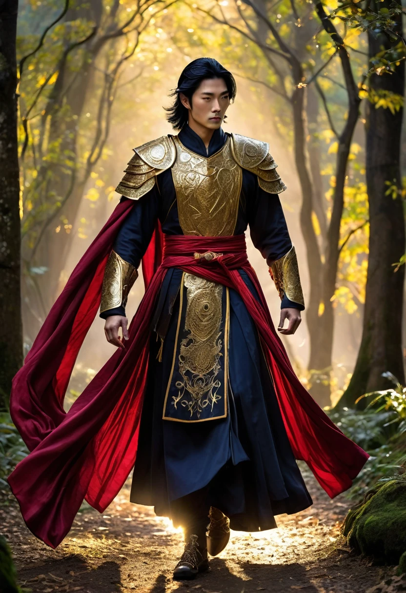 A young man, asian man, radiant and otherworldly, he stands tall, his presence exuding both grace and power. His jet-black hair, flowing like liquid night, cascades down to his shoulders, shimmering faintly as if kissed by the stars. (((A figure of ethereal beauty, 1.85 meters tall,))) (((his sharp, regal features))) seem almost sculpted by divine hands, each angle capturing a perfection not of this world. His skin is luminous, a pale, moonlit glow that contrasts with the deep, enchanted forests surrounding the training grounds. Eyes like molten gold, burning with an inner fire, hint at a destiny entwined with ancient forces. His attire, a ceremonial battle robe of deep crimson threaded with golden runes, glimmers with enchantments, each symbol pulsing softly with hidden power. The fabric flows around him as if alive, moving in harmony with the wind, accentuating his every movement with a mystical grace. He holds himself with the poise of a warrior prince, a figure out of legend, destined to command armies and challenge the very gods. As he steps across the training grounds, the earth itself seems to acknowledge his presence, trembling ever so slightly, as if aware of the greatness that walks upon it.