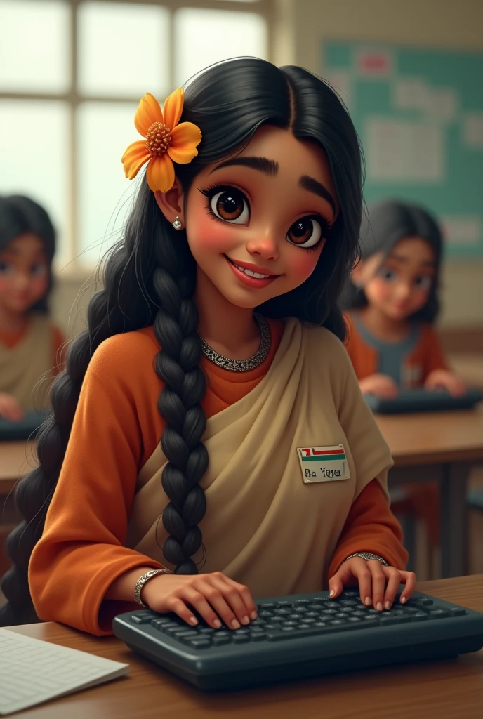 A tamilnadu short girl in type writing class with knit very long hair with flower
.wear top with shale .medium eyes,skin tone dusky,belly fat chubby,that girl is girija on badge 