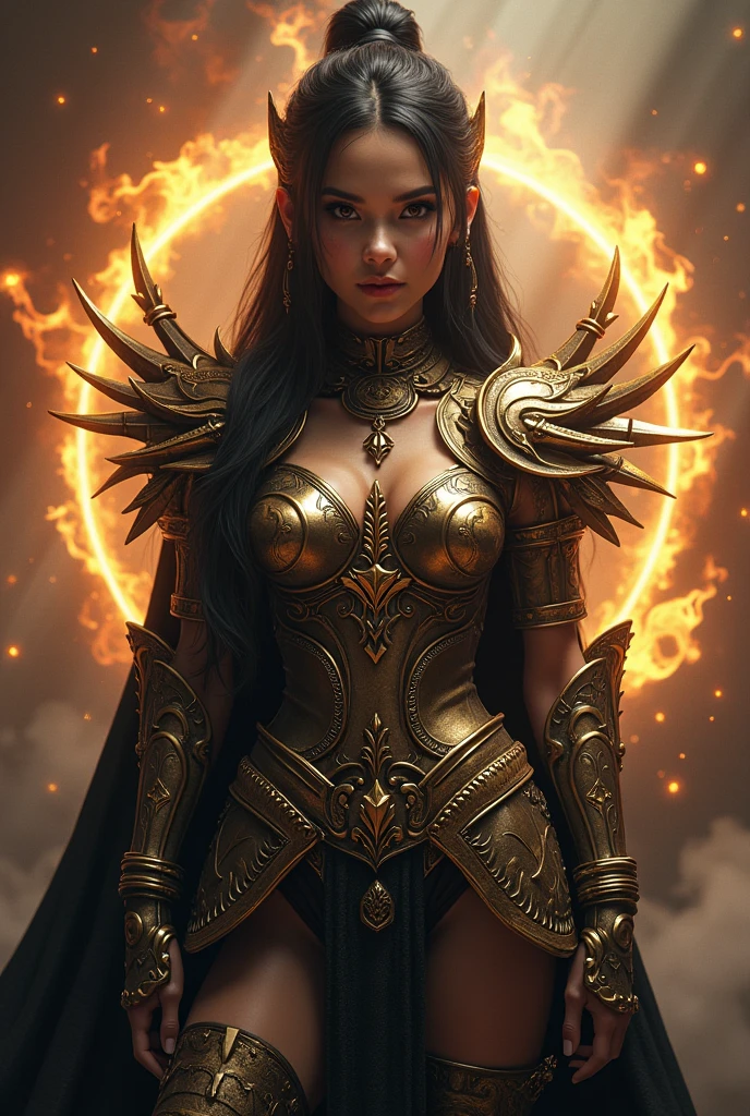 A captivating 3D rendering of a 20-year-old Filipina warrior as the central figure, exuding strength and beauty. She dons an exquisite outfit adorned with intricate armor, proudly displaying the 'Vip Torales Midia' heavy metal band logo. The gold, fantasy-themed logo features sharp jagged edges and a captivating light source reflection. Surrounding the warrior is an intense, swirling smoke effect, adding to the grand scale and dramatic atmosphere. The scene transports viewers into an immersive game fantasy world, blending the fierce and powerful essence of the band with visually striking elements.