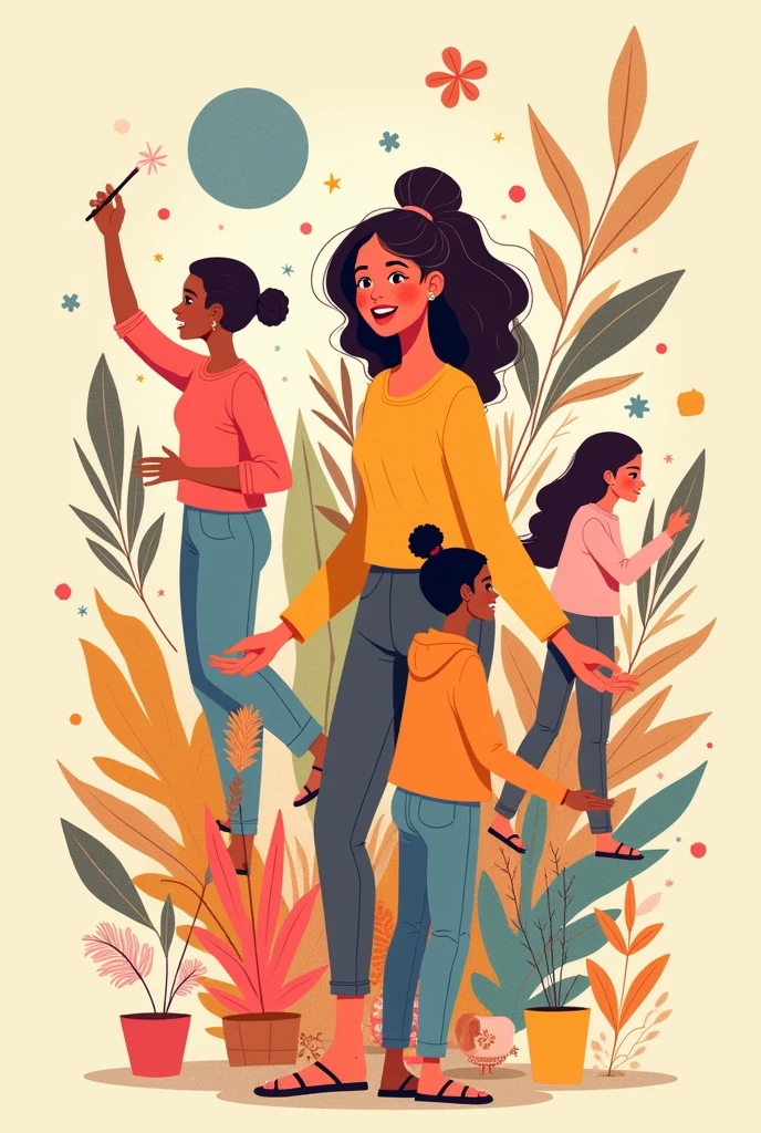 Illustration showing the growth process of a girl at 18, and doing plastic activities like painting, singing and dancing on a cream beige background
