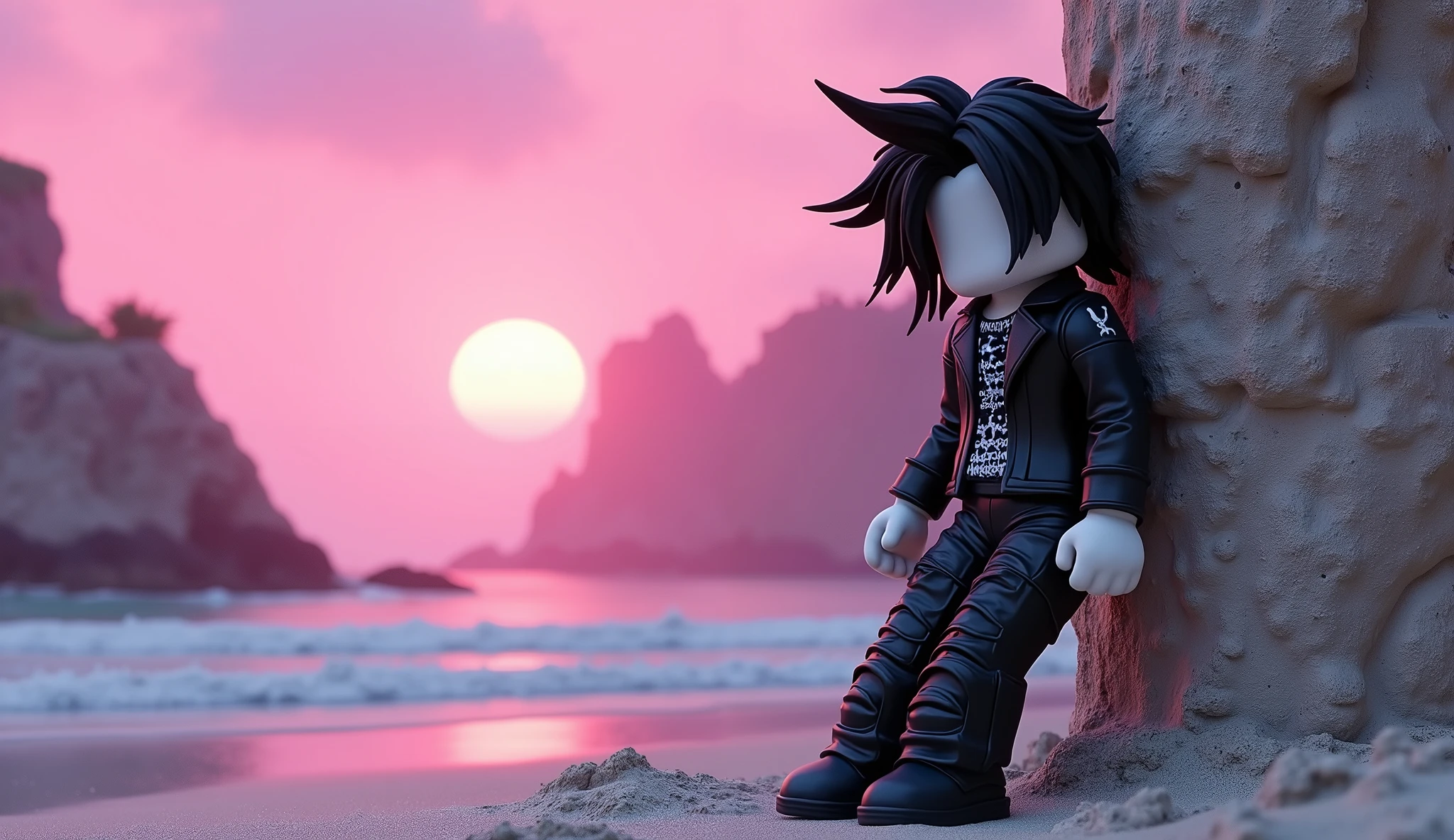 Beautiful tall square Roblox doll with long black spiky hair, emo clothes and no lips, white skin, no mouth leaning on a tumorrowland, cartoon, Vice City GTA, stone mountain background on the beach with pink sky
