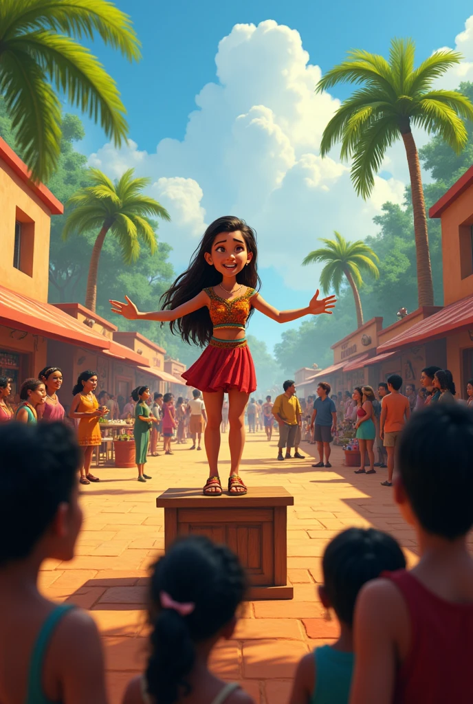  Latina girl reciting at the kiosk in the square in an Amazonian village, Pixar style drawing 