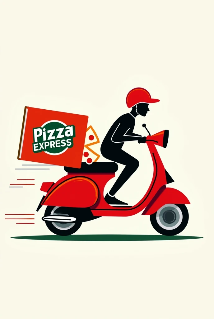 Main Element: A red scooter as the central focus of the logo. The scooter should be depicted in a modern and sleek style to represent quick delivery and efficiency.
Delivery Box: On the rear of the scooter, include a delivery box with the name “Pizza Express.” The box should have an open lid, showing pizza slices peeking out, emphasizing the fresh and ready-to-deliver aspect.
Text Style: The name “Pizza Express” should be displayed on the delivery box in a bold, eye-catching font. The text should be white or a contrasting color to ensure it stands out against the box.
Color Scheme: The color scheme should revolve around red, white, and green, reminiscent of classic Italian colors, with the scooter in a vibrant red and the text in a complementary color.
Additional Elements: Optionally, add motion lines or a slight tilt to the scooter to give a sense of speed and urgency, enhancing the express delivery theme.