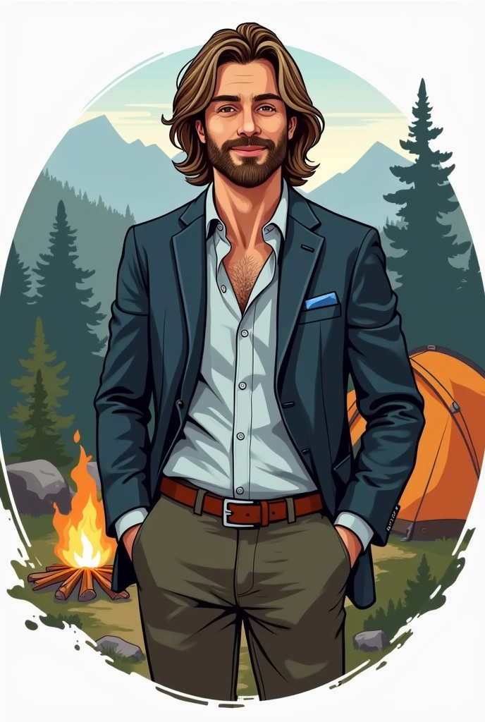 Request a logo image of a man wearing a suit, shoulder-length hair, a slight beard, looking casual, camping.