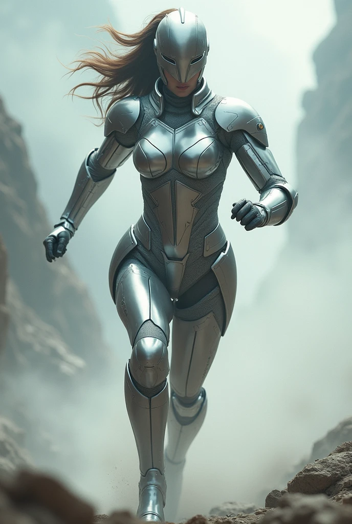 Woman in silver armor and a closed silver helmet running with her arms forming an X shining silver