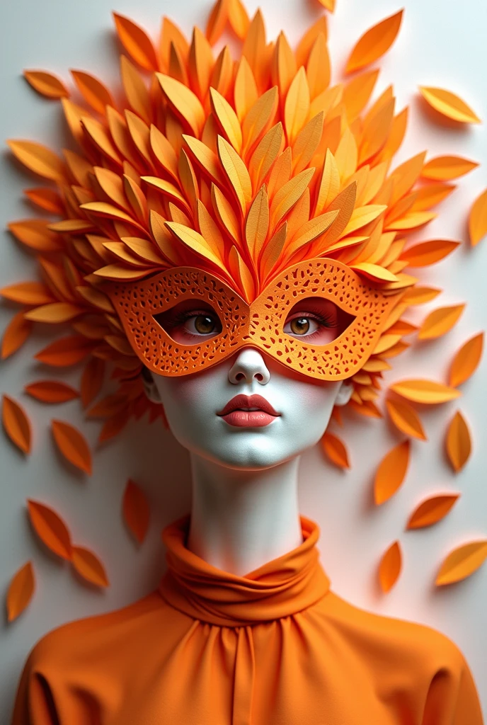 A woman wearing a mask made of papaya, masterpiece, all in three dimensional paper art、(Almond Shapes);1.9、(Three-dimensional paper-cut art.、colorful):1.9