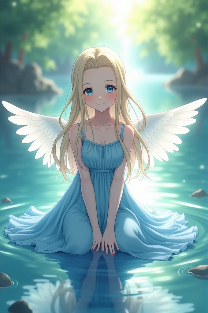 Anime cute adult Angel with blue dress sitting on middle of the river with long hair showing courtesy with cute eyes