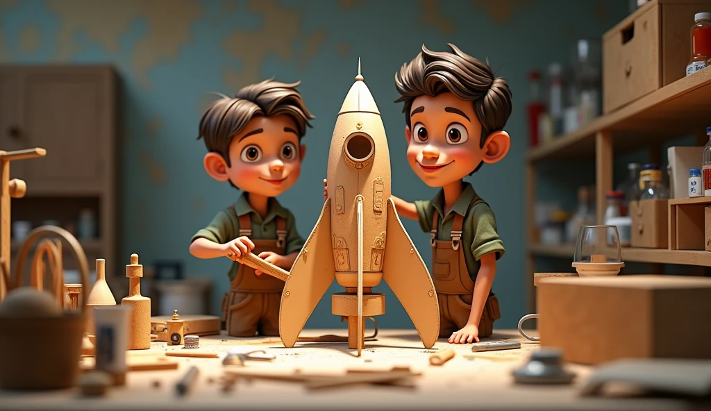 Lucas and Professor Estrella working together to build the wooden and cardboard rocket.