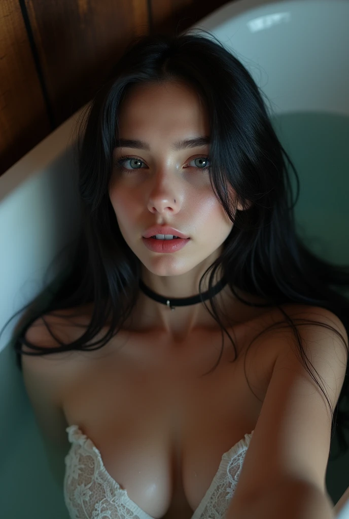 , a beautiful Russian Ukrainian teenager with blue eyes , in a bathtub half naked wearing a choker necklace, (thin neck), voluminous breasts, rounded face , 1 with disability to look like , naked full body naked and wet, lying in the submerged bathtub, innocent and sexual look, taking a selfie with the face of a young woman with a perfect body and big eyes, seminua, call girl, wide and full lips, thin, upturned nose, with a pretty face like a barbie , normal breasts that are somewhat large and voluminous ,very long and very straight black hair , naked , very tender face , blue eyed teenager posing very sexy at night in bathroom wearing wide cloth pants ,slickedback hair. a very sexually attractive teenage girl, posing ukraine beautiful girl cute girl masterpiece beautiful