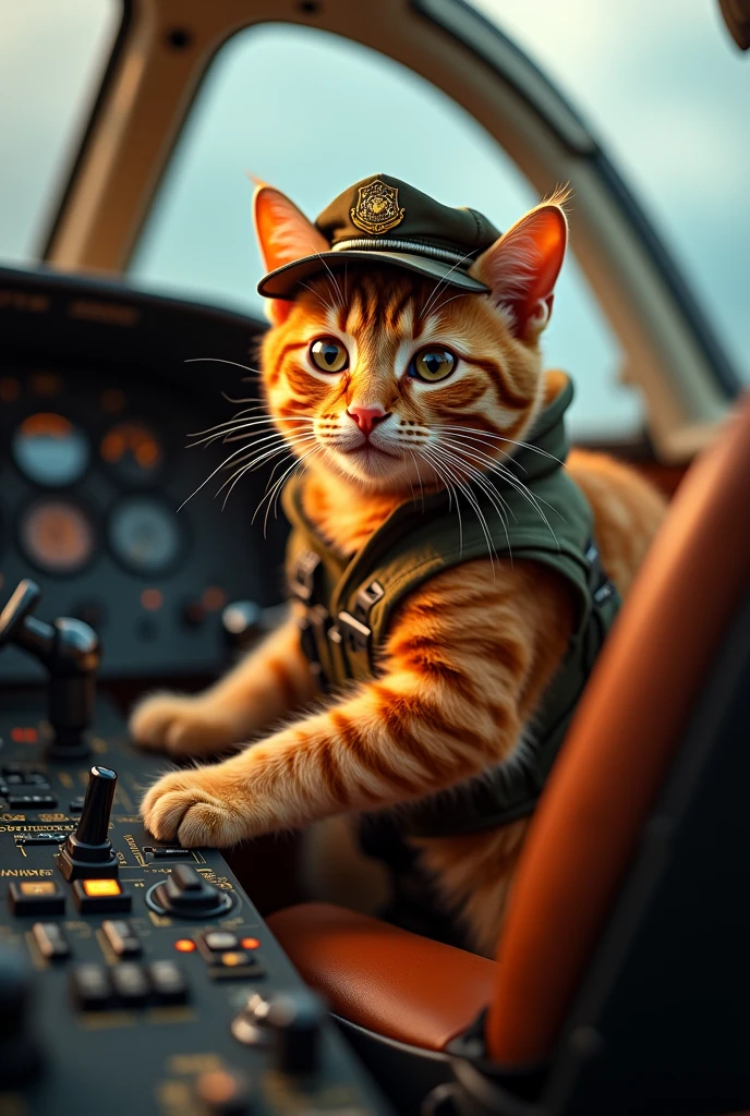 Cute close-up photo of an orange pilot cat., Cockpit,Cat piloting the plane
