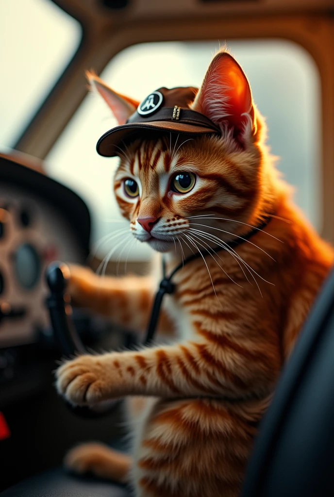 Cute close-up photo of an orange pilot cat., Cockpit,Cat piloting the plane