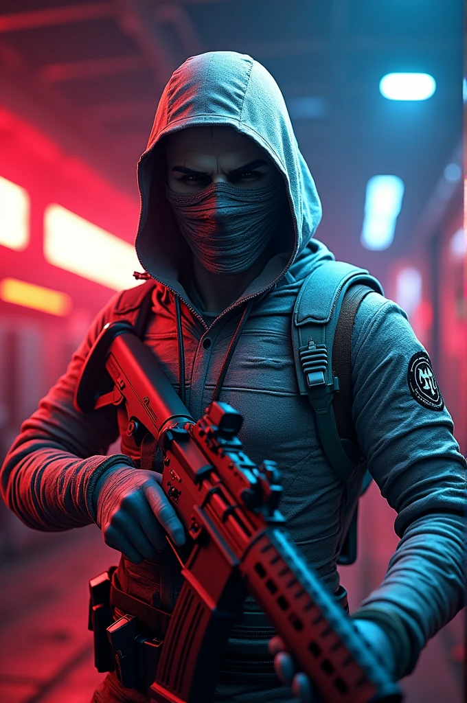 Pubg gameing logo and pubg mummy suit with gun and red and blue light