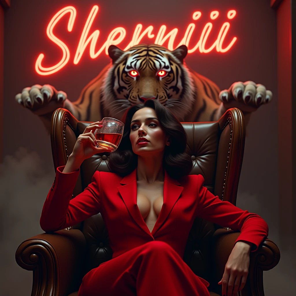 Create a realistic image where a woman wearing red luxury suit and sitting on a queen size chair, she's holding a whiskey bottle in his hand, there is smoke in the background a shadow of tigress and tigress eyes is glowing in blue colour. In background the name "sherniiii" is showing in bold and neon effects just above the head of the character as per his name.