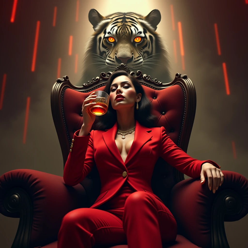Create a realistic image where a woman wearing red luxury suit and sitting on a queen size chair, she's holding a whiskey bottle in his hand, there is smoke in the background a shadow of tigress and tigress eyes is glowing in blue colour. In background the name "sherniiii" is showing in bold and neon effects just above the head of the character as per his name.
