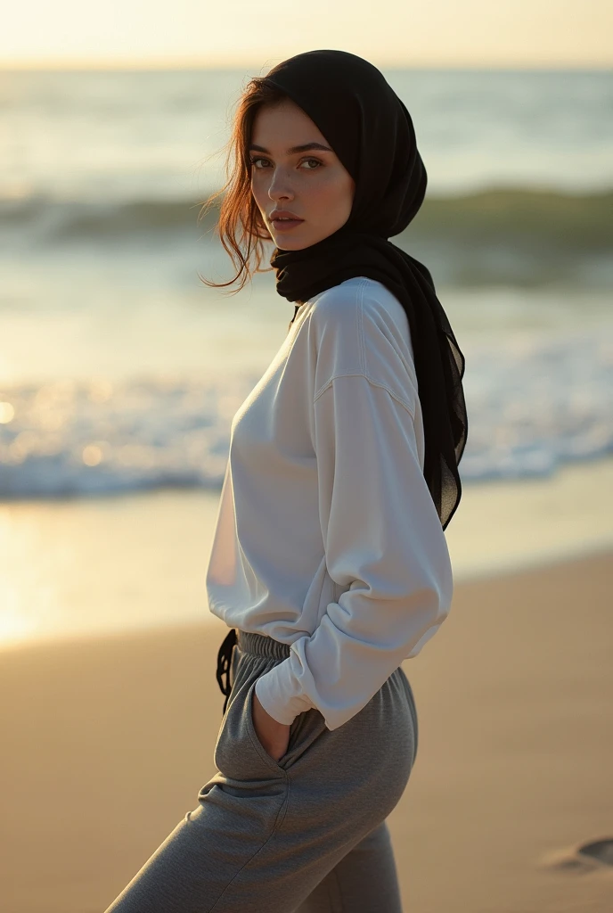Black headscarf on the beach, white long sleeve t shirt, barefoot, grey sweatpants, skinny sexy woman. Men who touch women.