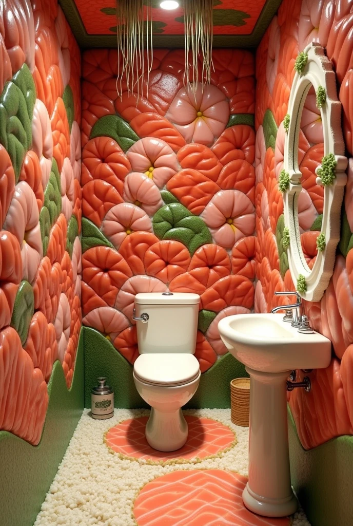 ((masterpiece, 8k, best quality, 8k, super realistic, high resolution:1.3)), (fictional bathroom), bathroom made of sushi, bathroom made of cooked rice, bathroom made of seaweed, styled, Japanese, sushi world, edible bathroom, wall made of fish meat, wall made of sashimi. Toilet made of rice. sink made of rice.