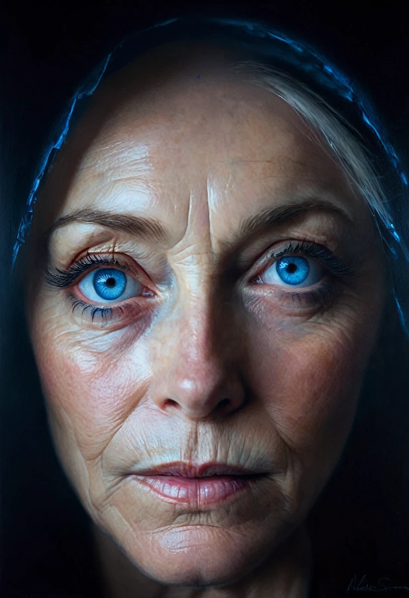 painting of a human bright blue eye, long eyelashes, wrinkles, detailed skin, sharp deep shadows, light makes the eye beautifully transparent, dark atmosphere, cinematic scene, volumetric lights, ultra realistic, in the style of nicola samori