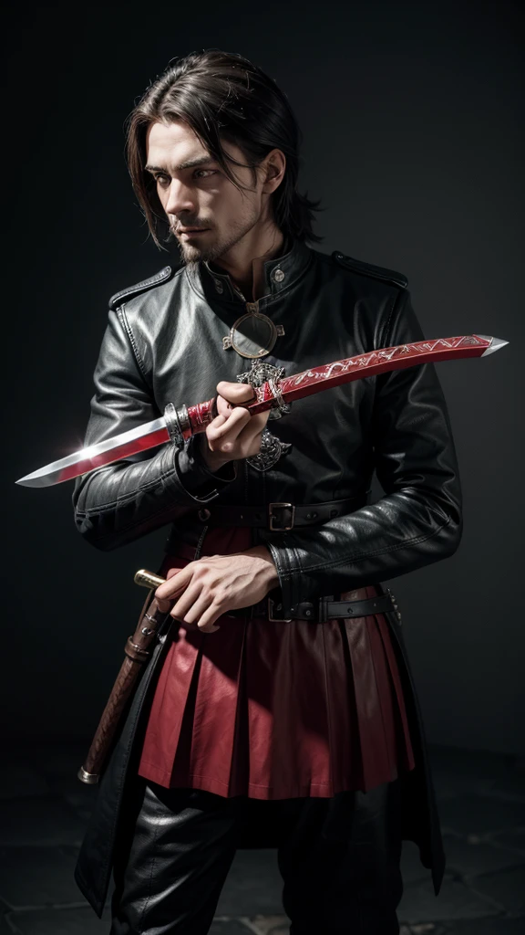 a sword with a leather handle, and a blade as black as night, Between the hand guard and the chape, there is a bright red ruby stone.
