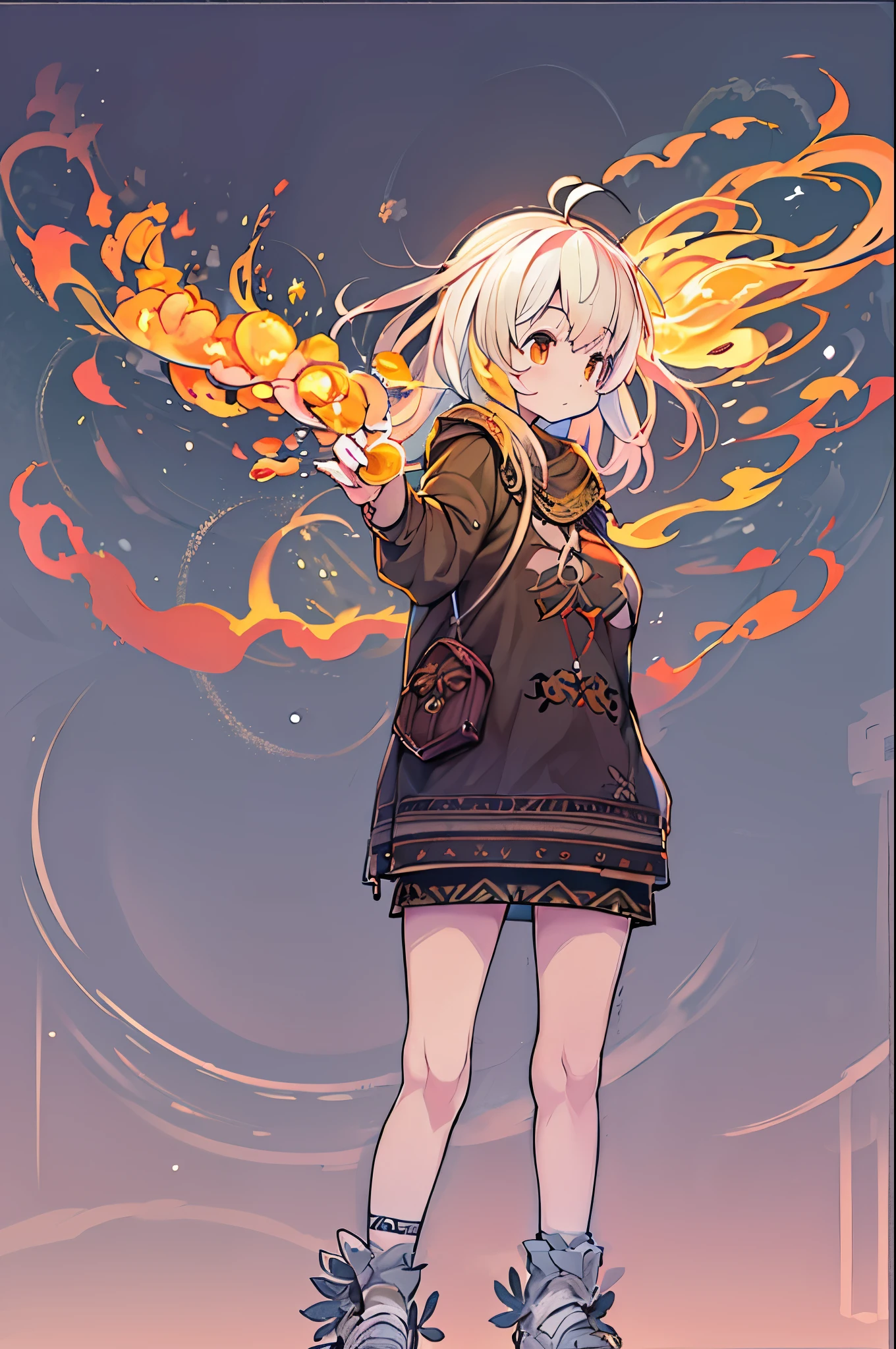 One girl, bangs, breathing fire, combustion, Burnt clothes, 残りfire, Ahoge, Beige Hair, Multicolored Hair, fire, inflammation, inflammationの剣, (Put your hand on the handle), Are standing, Long Hair, Pyrokinesis, Expressionless, cigarette, flower(symbol), alone, fireflower, sunset, Twilight, white flower, lava, Yuri (flower), fiery flower, Depth of written boundary, combustion ,
