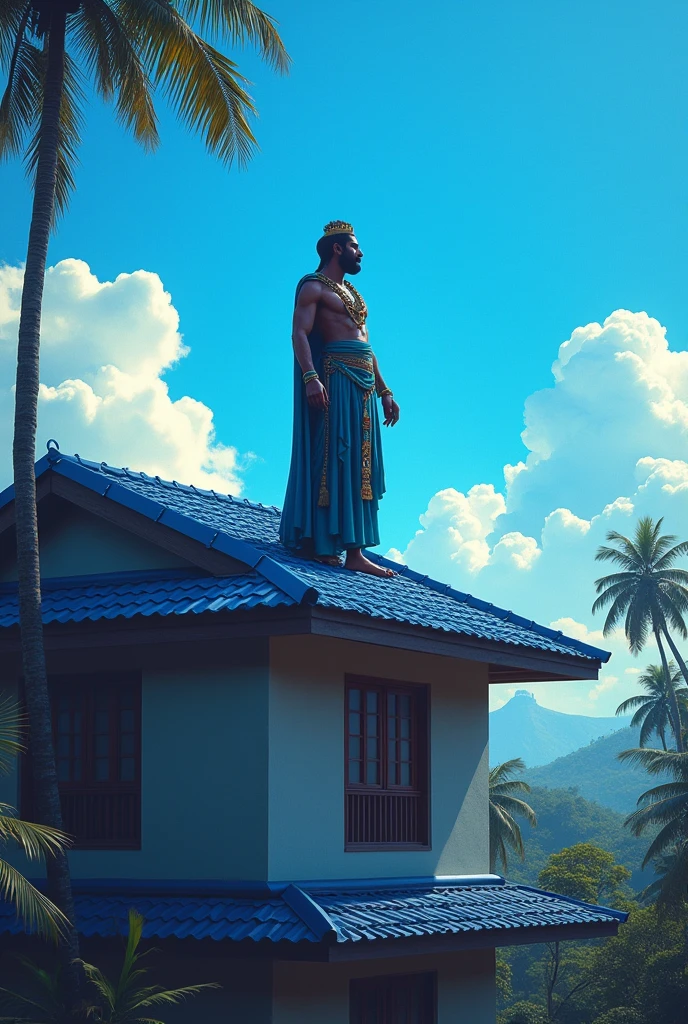 Mahabali, the legendary king of Kerala standing under a blue colored Alu-Zinc roofing sheet at the terrace of a two storeyed house, built using fiber cement boards