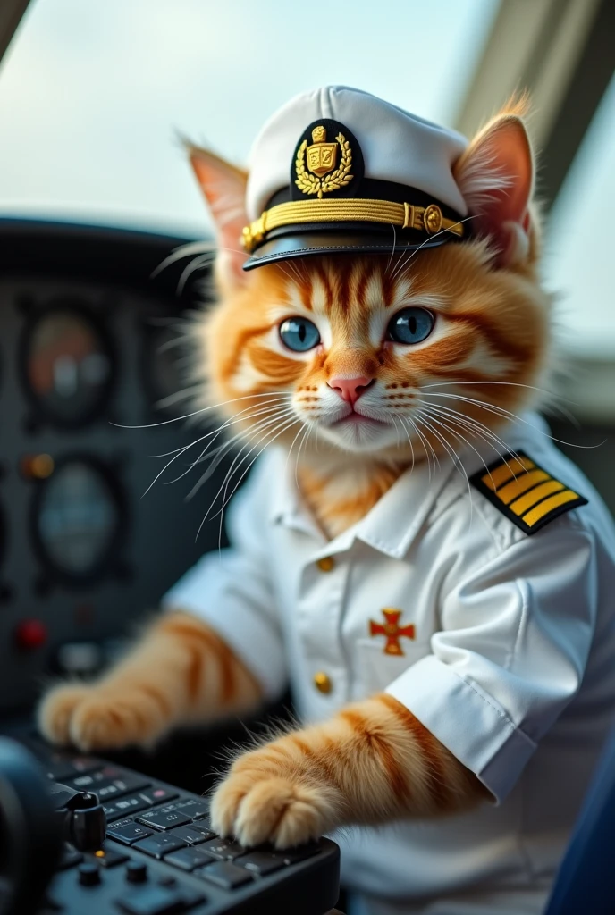 Cute close-up photo of an orange pilot cat., Cockpit,Cat piloting the plane,white dress