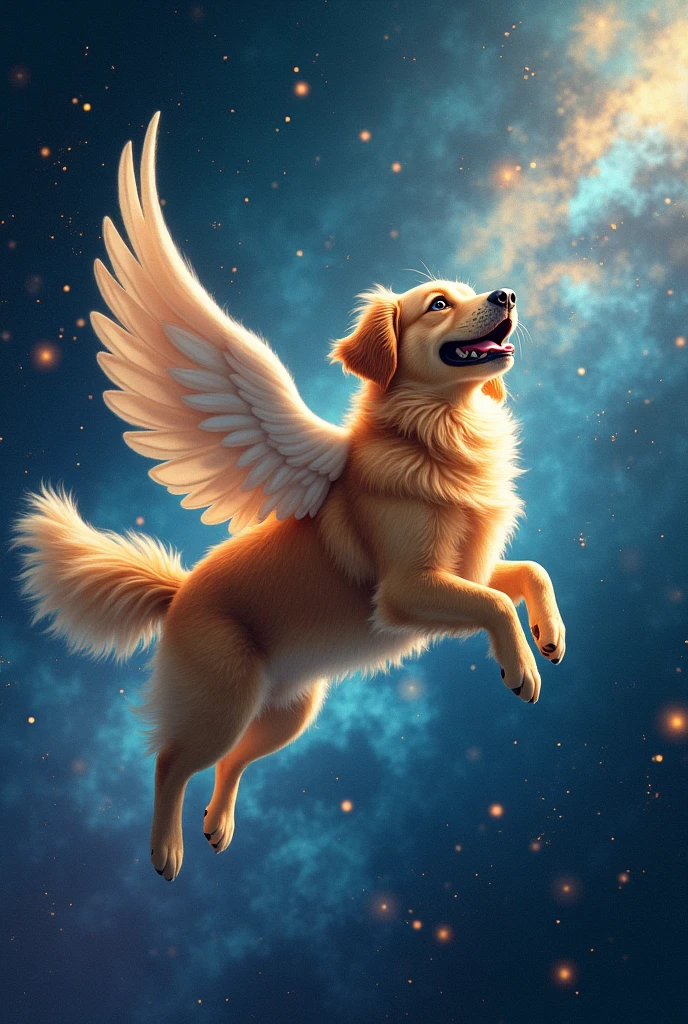 Happy dog with wings flying in space 