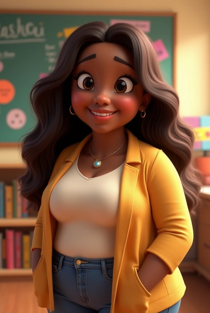 Pixar black teacher, long brown hair, chubby